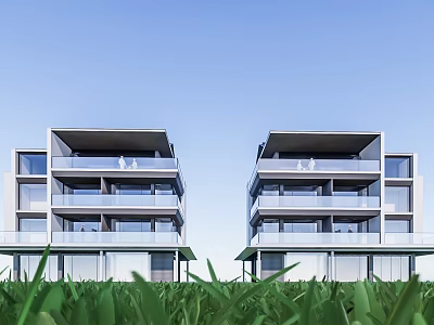 Modern Detached Villa Design With Balconies Green Lawn And Blue Sky 3d model