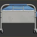 White Frame Hospital Bed With Blue Mattress Armrests And Movable Wheels