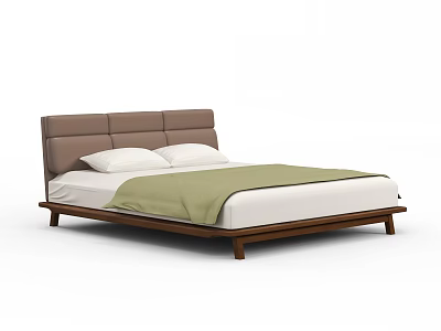 Modern Double Bed with Brown Leather Headboard Wooden Frame and White Pillows Green Blanket 3d model