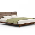 Modern Double Bed with Brown Leather Headboard Wooden Frame and White Pillows Green Blanket
