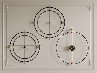 Three Circular Clocks With Black And Gold Elements Mounted On White Wall With Decorative Borders 3d model