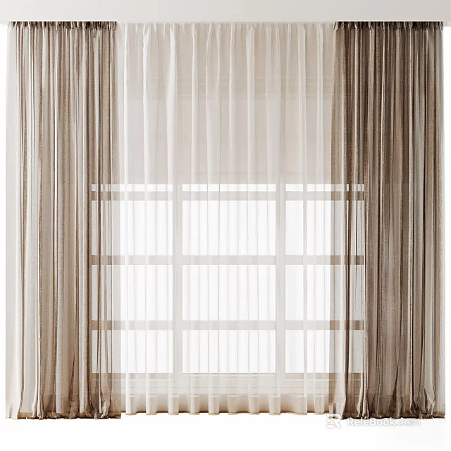 Beige Sheer Curtains For Grid Patterned Window With Soft Light Filtering In Bright Room 3d model 