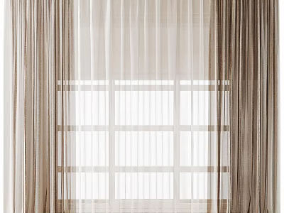 Beige Sheer Curtains For Grid Patterned Window With Soft Light Filtering In Bright Room 3d model