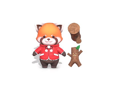 Cute Red Panda Character Wearing Red Coat With Tree Stump And Smiley Small Tree Decoration 3d model