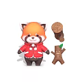 Cute Red Panda Character Wearing Red Coat With Tree Stump And Smiley Small Tree Decoration
