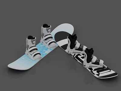 Sports Equipment Two Stylish Snowboards with Blue White Gradient and Black White Pattern Bindings 3d model