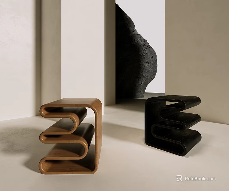 Modern Creative Stools Wooden Brown and Black Leather Curved Structure Design for Home Decor 3d model 