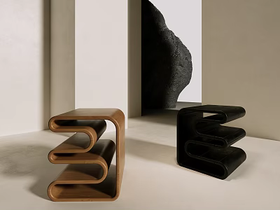 Modern Creative Stools Wooden Brown and Black Leather Curved Structure Design for Home Decor 3d model