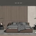 Modern Bedroom Interior With Wooden Panel Wall Bedside Nightstands And Pendant Lights