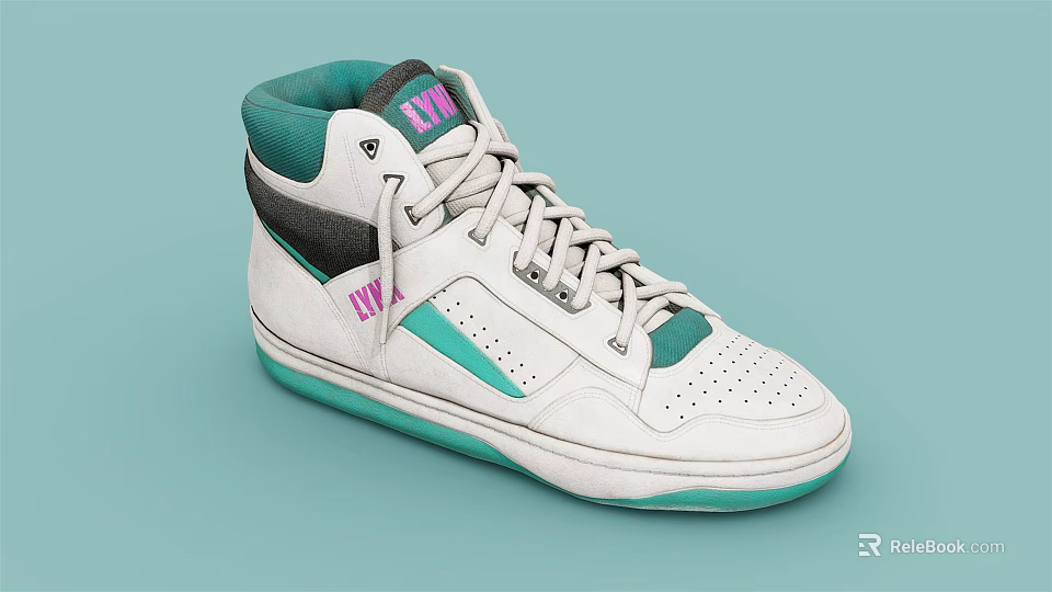White High Top Sneakers With Green Collar Pink Logo And Perforated Design Details 3d model 