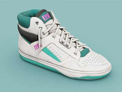 White High Top Sneakers With Green Collar Pink Logo And Perforated Design Details 3d model