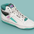 White High Top Sneakers With Green Collar Pink Logo And Perforated Design Details