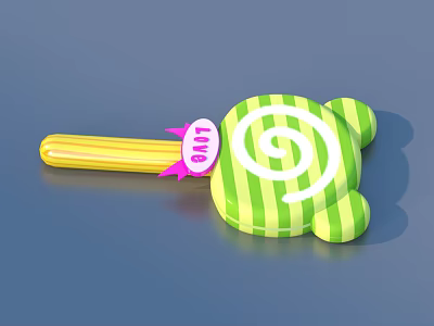 Cute Bear Shaped Lollipop With Green White Stripes Yellow Stick And Pink LOVE Label 3d model