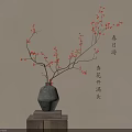 Spring apricot blossoms on branches in gray ceramic vase with red flowers