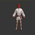 Man Wearing White Robe Beige Pants And White Boots With Utility Belt On Gray Background