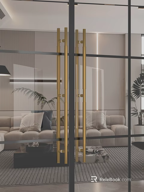 Elegant Golden Door Handle On Modern Glass Door In Luxury Living Room With Sofa And Plants 3d model 
