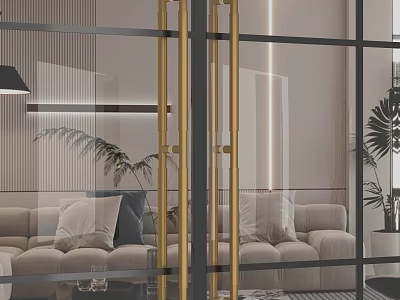 Elegant Golden Door Handle On Modern Glass Door In Luxury Living Room With Sofa And Plants 3d model