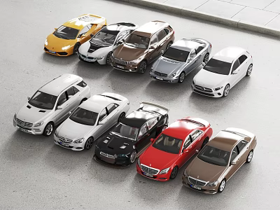 Various Colored Car Models In Different Styles Arranged On Ground 3d model