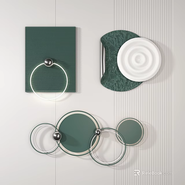 Modern Green And White Wall Decor With Circular Rings Spheres And Textured Patterns 3d model
