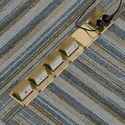 Golden Floor Socket Panel with Multiple Sockets Floor Mounted on Striped Carpet and Plug Inserted 3d model