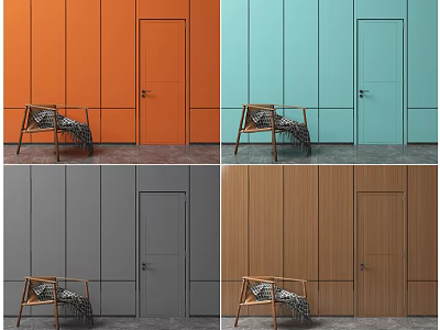 Colorful Hinged Doors In Orange Blue Gray Brown With Wall And Chair Interior Design 3d model