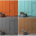 Colorful Hinged Doors In Orange Blue Gray Brown With Wall And Chair Interior Design