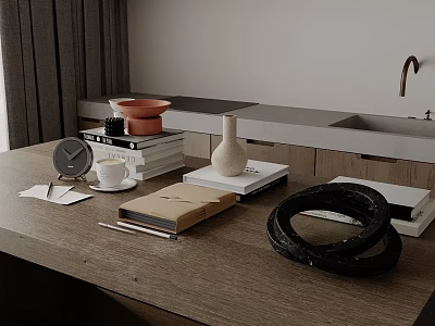 Wooden Table With Clock Cup Books Vase And Black Coil Near Gray Curtains And Sink 3d model