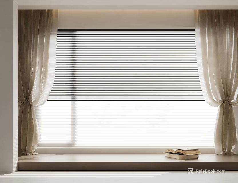 Beige Curtains With Black Blinds On Window In Room With Books On Sill 3d model 