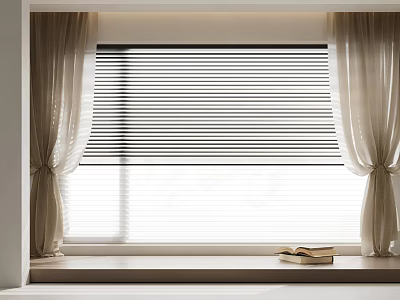 Beige Curtains With Black Blinds On Window In Room With Books On Sill 3d model