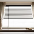 Beige Curtains With Black Blinds On Window In Room With Books On Sill