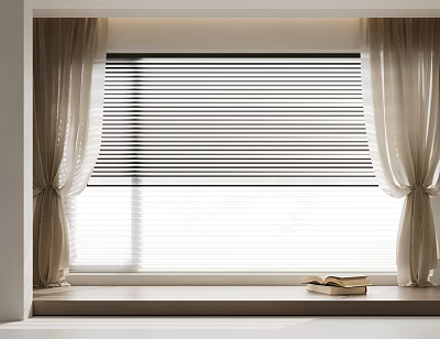 Beige Curtains With Black Blinds On Window In Room With Books On Sill 3d model