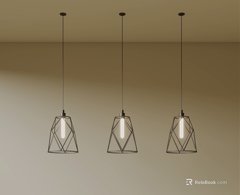 Three Modern Pendant Lights with Geometric Metal Frames Hanging in Room 3d model 