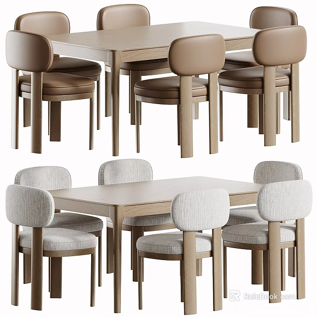 Modern Wooden Dining Table With Six Upholstered Brown And Gray Chairs 3d model 