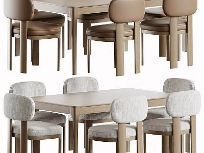Modern Wooden Dining Table With Six Upholstered Brown And Gray Chairs 3d model