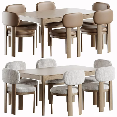 Modern Wooden Dining Table With Six Upholstered Brown And Gray Chairs 3d model