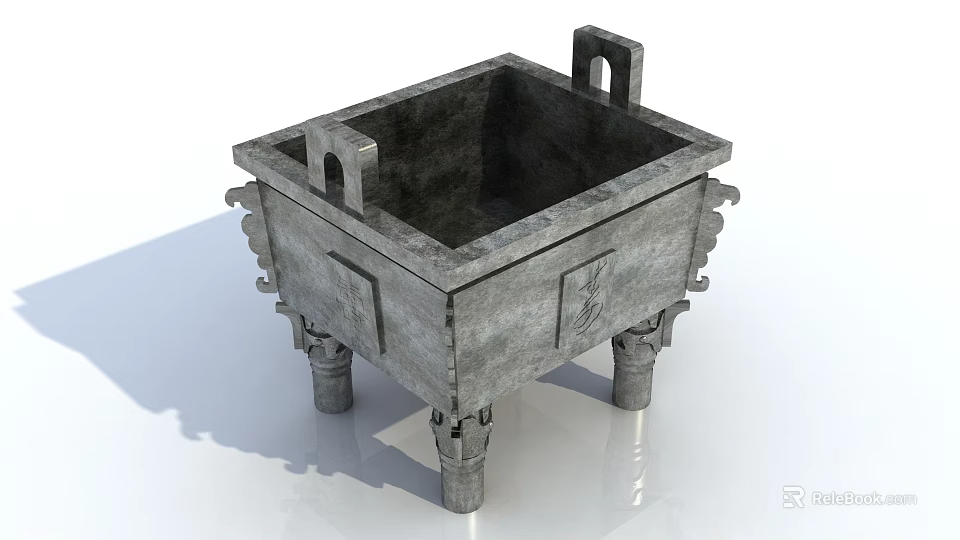 Ancient Style Square Ceramic Vessel With Carved Patterns Decorative Handles And Ornate Legs 3d model 