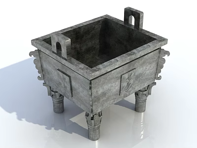 Ancient Style Square Ceramic Vessel With Carved Patterns Decorative Handles And Ornate Legs 3d model