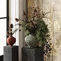 Red Terracotta And Green Stone Vases With Pinecones Pine Branches On Stone Pedestals