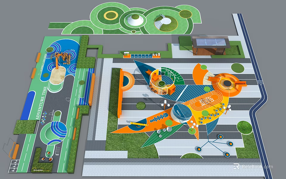 Colorful Children's Play Area With Airplane Shaped Play Structures Green Lawn And Interactive Zones 3d model 