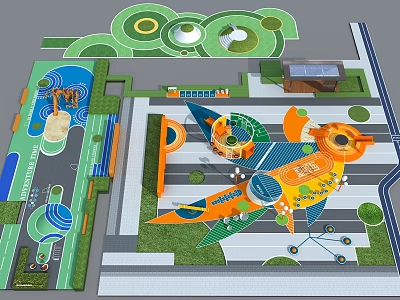 Colorful Children's Play Area With Airplane Shaped Play Structures Green Lawn And Interactive Zones 3d model