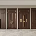 Four Dark Brown Security Doors With Decorative Gold Handles And Carved Patterns