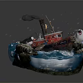 Red Wooden Boat With Smoking Chimney Surrounded By Icebergs And Seal