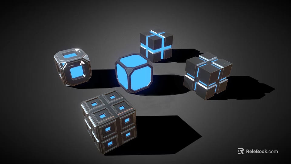 Modern Cube Shaped Headphones Speakers With Metallic Finish And Blue LED Lights 3d model 
