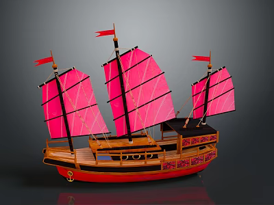 Traditional Sailing Ship with Pink Sails Red Flags Wooden Hull and Decorative Details 3d model