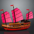 Traditional Sailing Ship with Pink Sails Red Flags Wooden Hull and Decorative Details