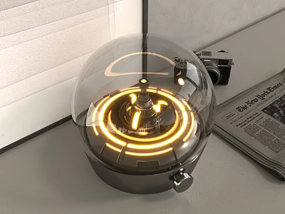 Modern Transparent Glass Dome Table Lamp With Yellow Light Strips And Vintage Camera 3d model