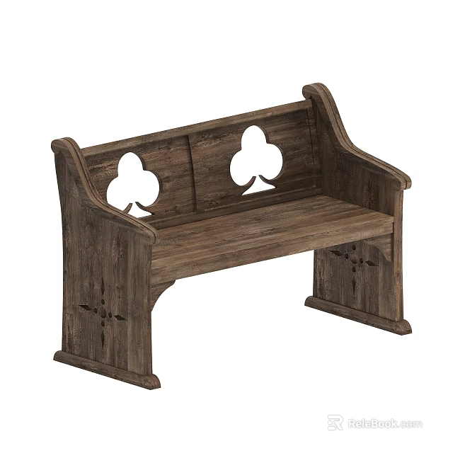 Rustic Wooden Leisure Bench With Clover Shaped Cutouts And Carved Side Details 3d model 