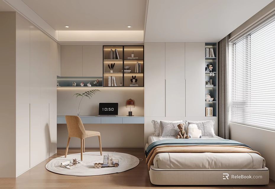 Modern Tatami Bedroom Interior Design With Desk Bookshelves Window Blinds And Light Cabinets 3d model 