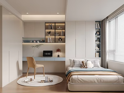 Modern Tatami Bedroom Interior Design With Desk Bookshelves Window Blinds And Light Cabinets 3d model