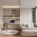 Modern Tatami Bedroom Interior Design With Desk Bookshelves Window Blinds And Light Cabinets